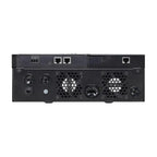 Rear view of black network switch with cooling fans, ethernet ports, and ventilation grilles.