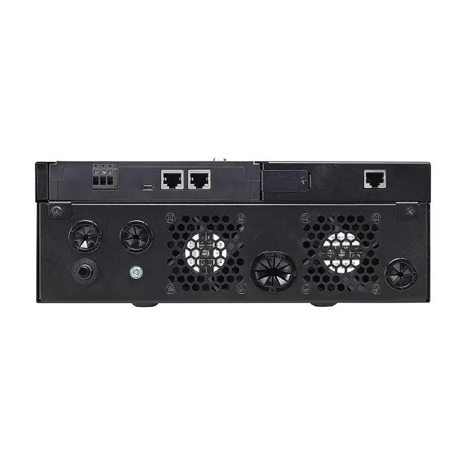 Rear view of black network switch with cooling fans, ethernet ports, and ventilation grilles.