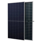 Two solar panels displayed side by side against white background, left panel dark blue monocrystalline, right panel dark poly