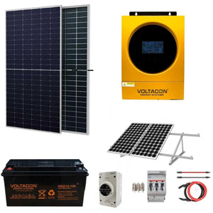 Voltacon off-grid solar kit components: two solar panels, yellow inverter, black battery, charge controller, circuit breaker,