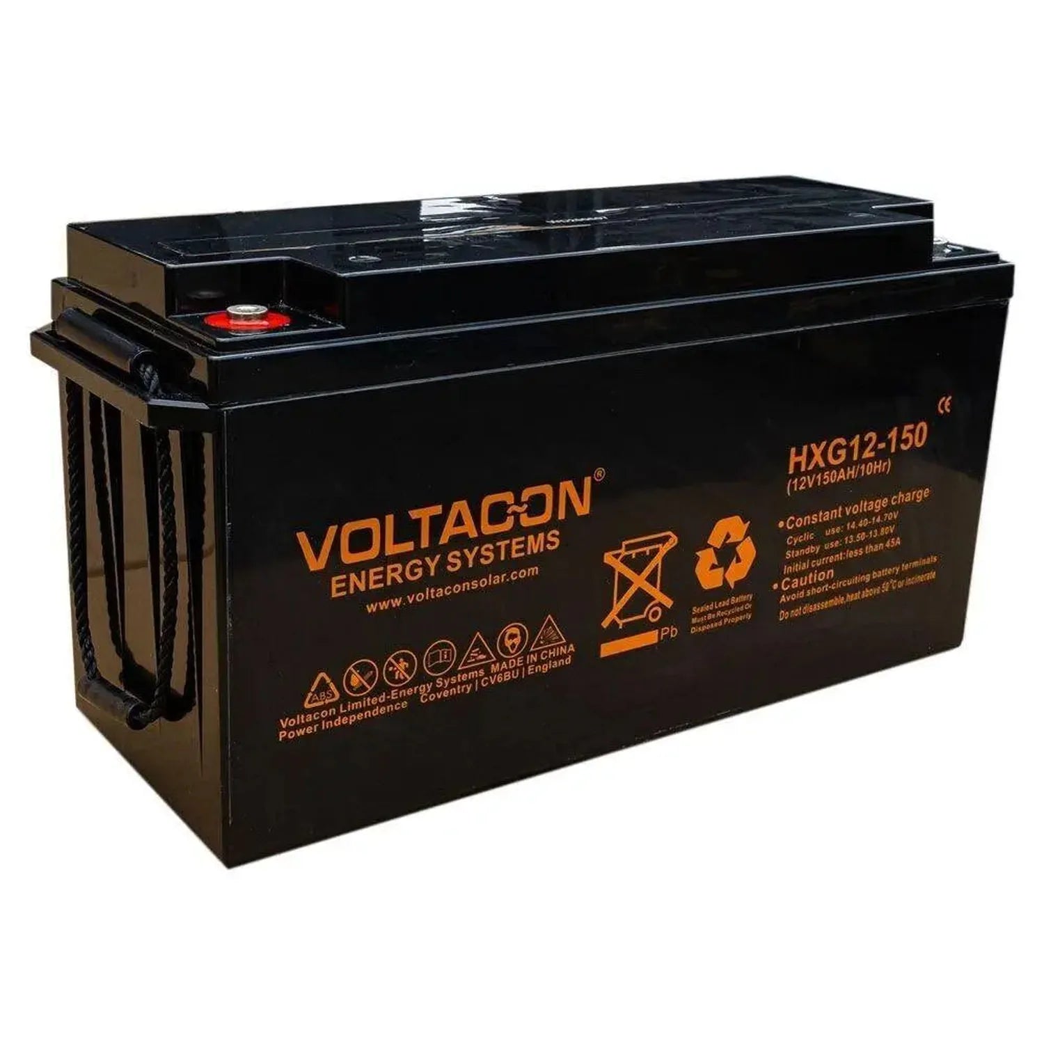 Voltacon HXG12-150 rechargeable battery, black rectangular sealed lead-acid battery with orange branding and dual handles.