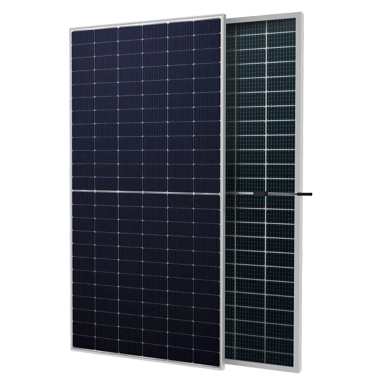 Two solar panels displayed side-by-side against white background, showing monocrystalline and polycrystalline cell designs wi