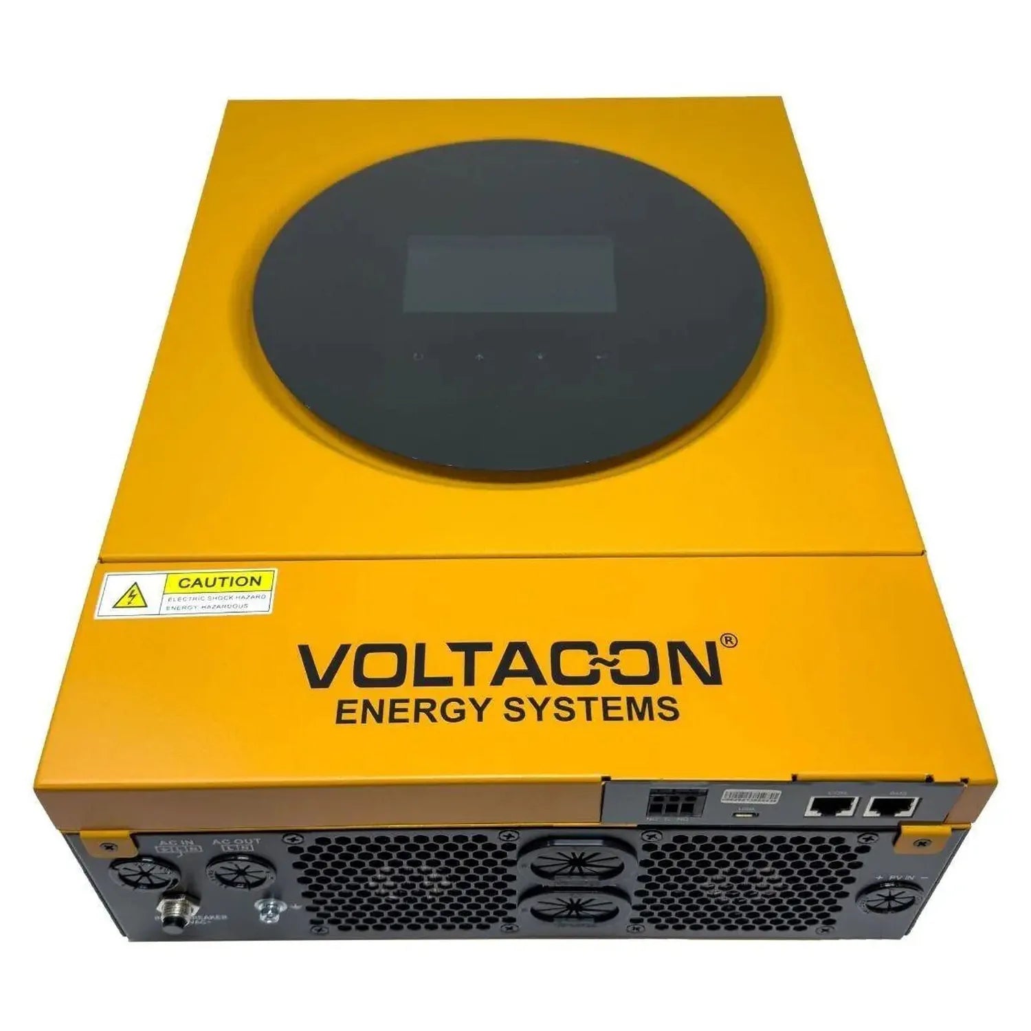 Voltacon Energy Systems yellow and gray inverter with digital display and cooling vents, front view product shot.