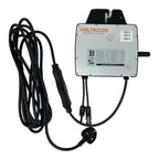 Voltacon RYM600 micro inverter with 5-meter black extension cable and UK power plug attached.