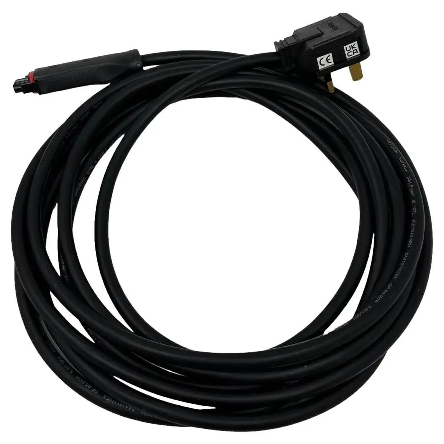Black coiled extension cable with UK plug connector and connector end, displayed against white background.