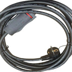 Black heavy-duty extension cable coiled with gray connector box and three-pin plug, product shot on white background.
