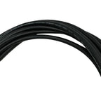 Black coiled extension cable with printed specifications visible on outer jacket, including voltage and duty ratings.