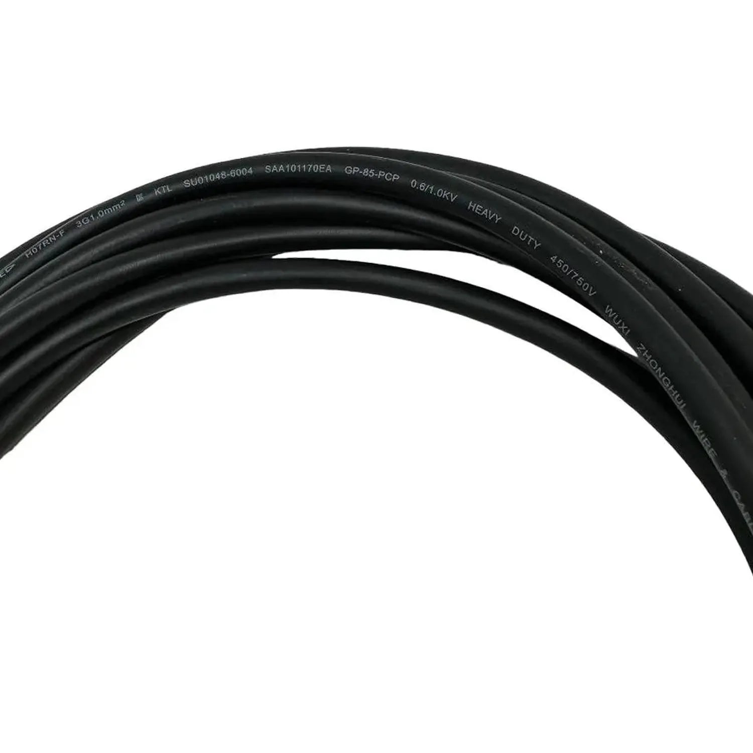 Black coiled extension cable with printed specifications visible on outer jacket, including voltage and duty ratings.