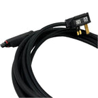 Black coiled extension cable with angled connector head showing CE and UK/CA certification marks, on white background.