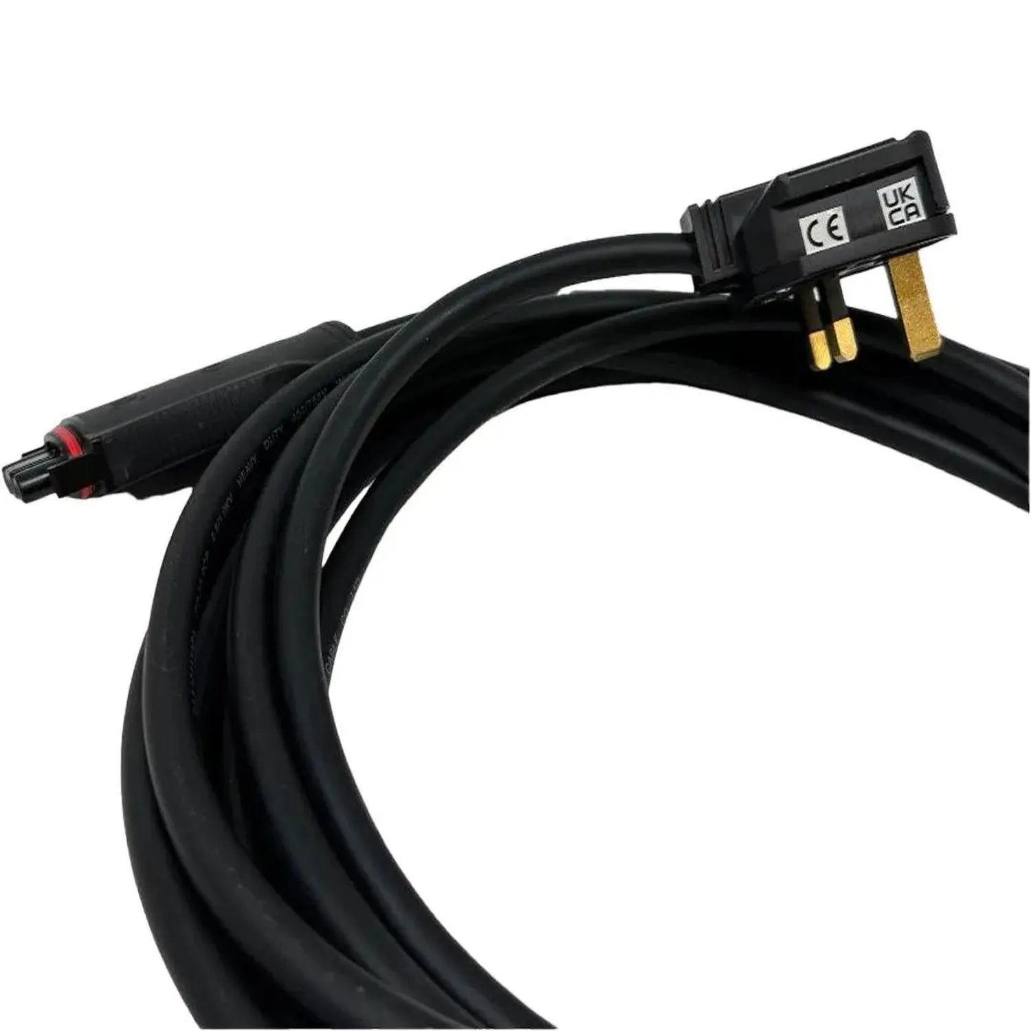Black coiled extension cable with angled connector head showing CE and UK/CA certification marks, on white background.