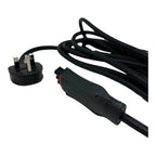 Black extension cable with UK plug and inline connector, coiled with strain relief, 5 meters long.