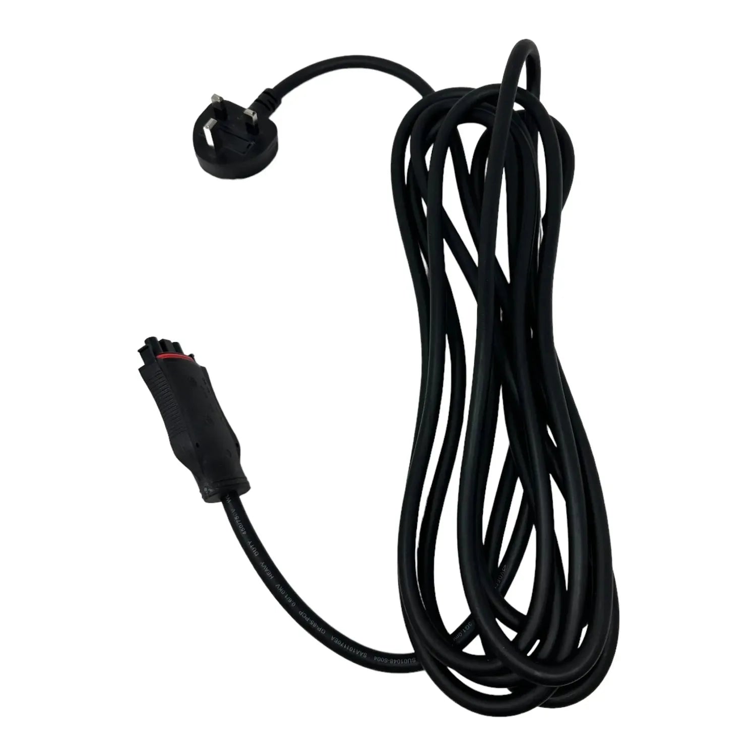 Black coiled extension cable with UK plug connector and circular mounting bracket, 5 meter length shown against white backgro