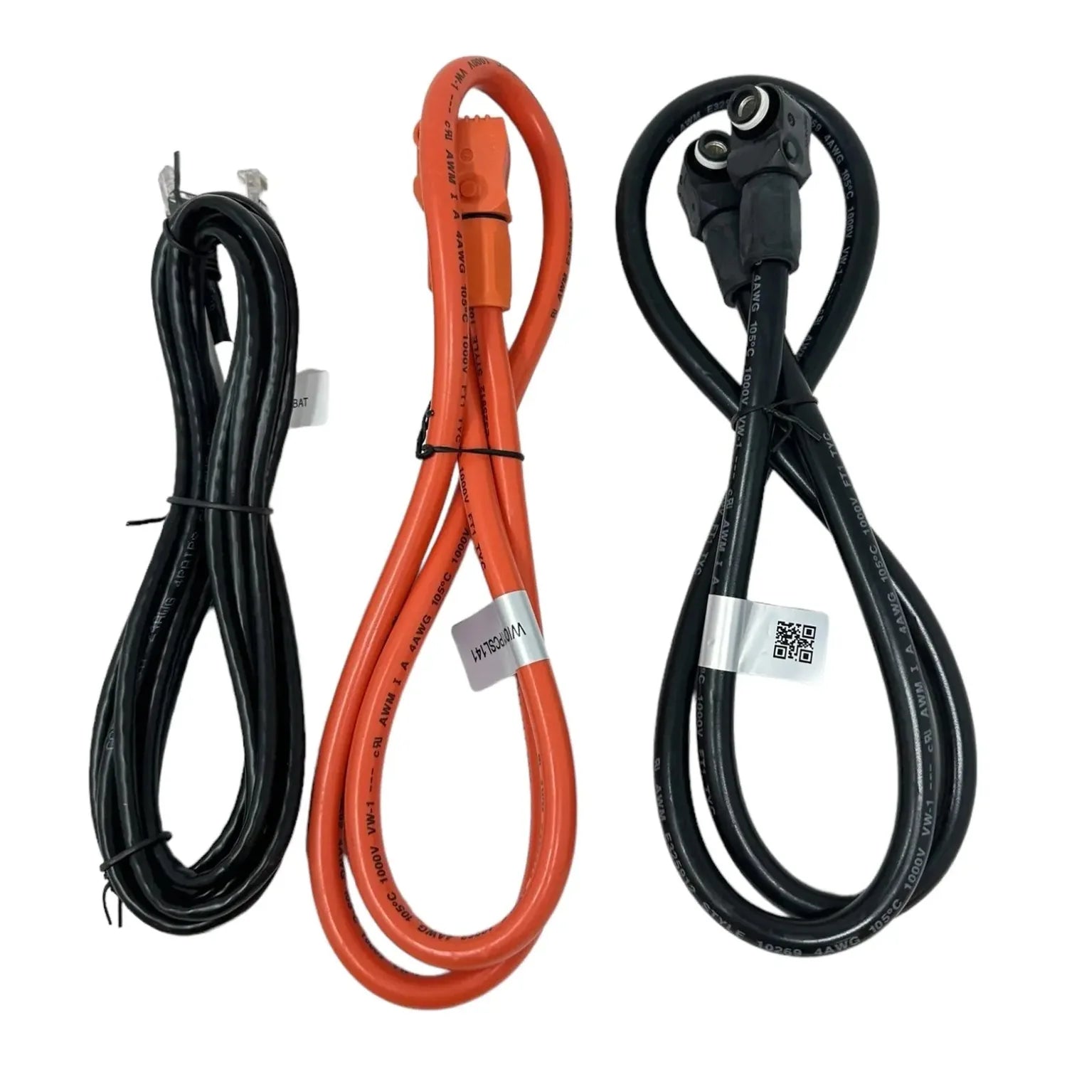 Three electrical extension cables displayed: black coiled cable with connector, red looped cable with handle, and black loope