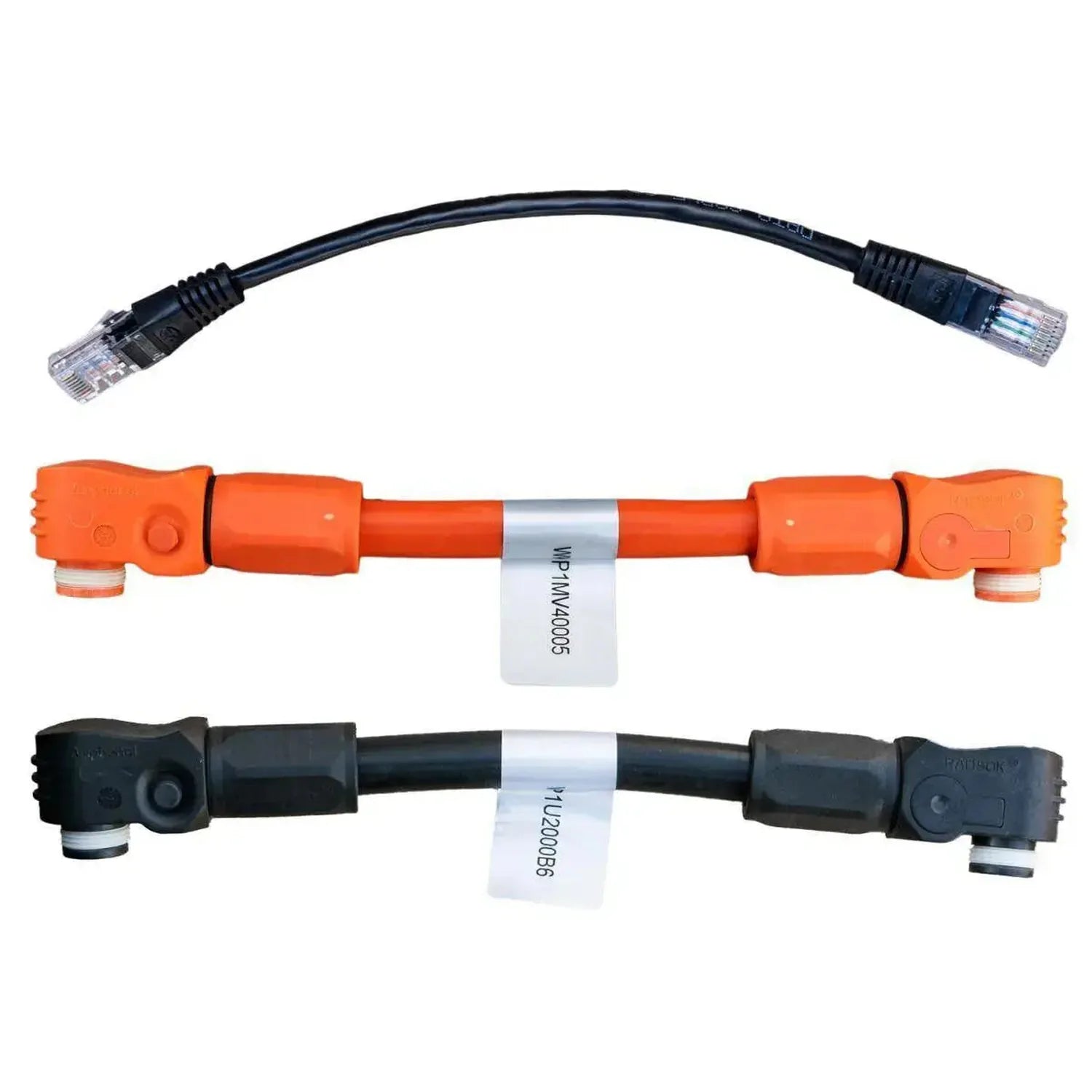 Three battery cable connectors displayed: black Ethernet cable at top, orange parallel connection kit in middle, black parall
