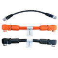 Three battery interconnect cables displayed: black Ethernet-style connector at top, orange right-angle connector cable in mid