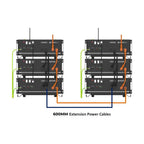 Two stacked Pylontech battery systems connected with 600mm extension power cables in orange and blue.
