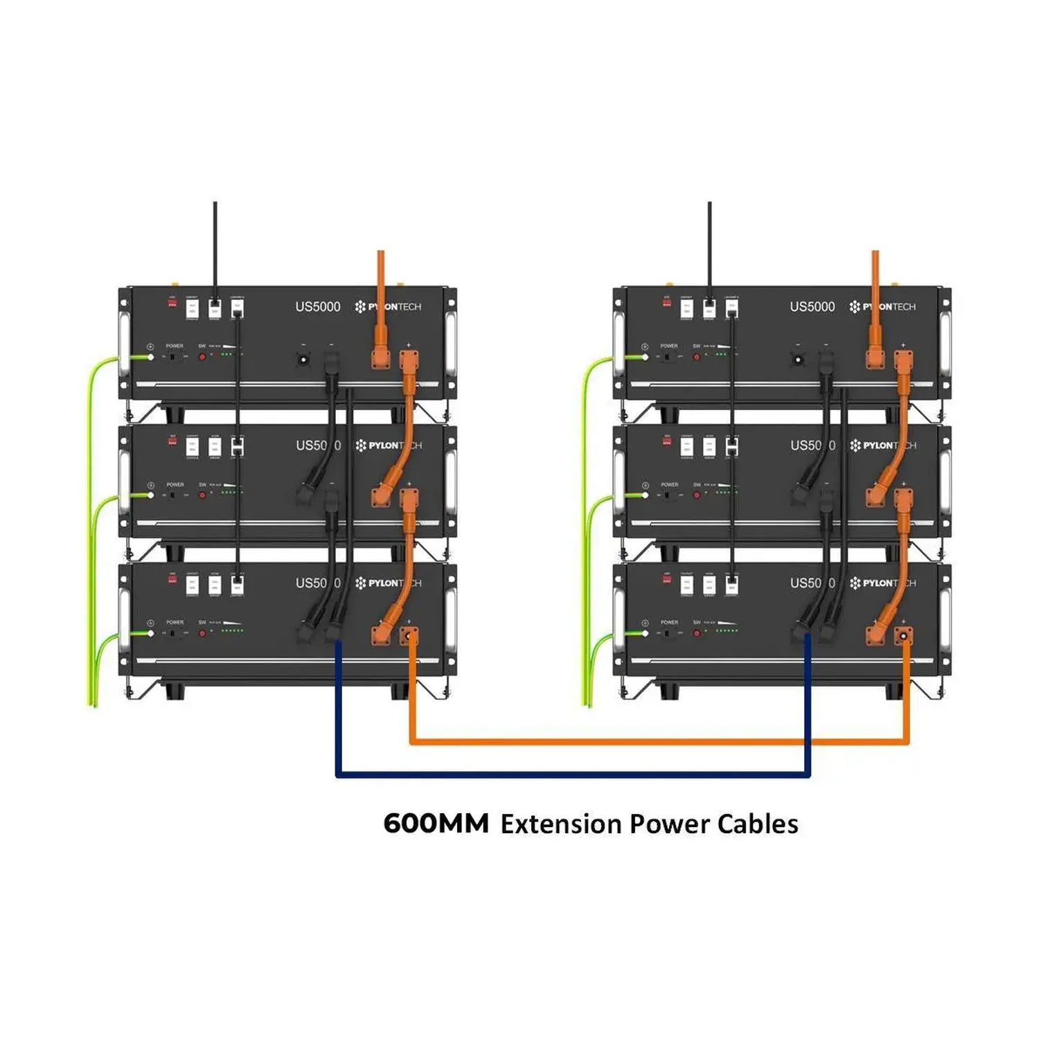 Two stacked Pylontech battery systems connected with 600mm extension power cables in orange and blue.