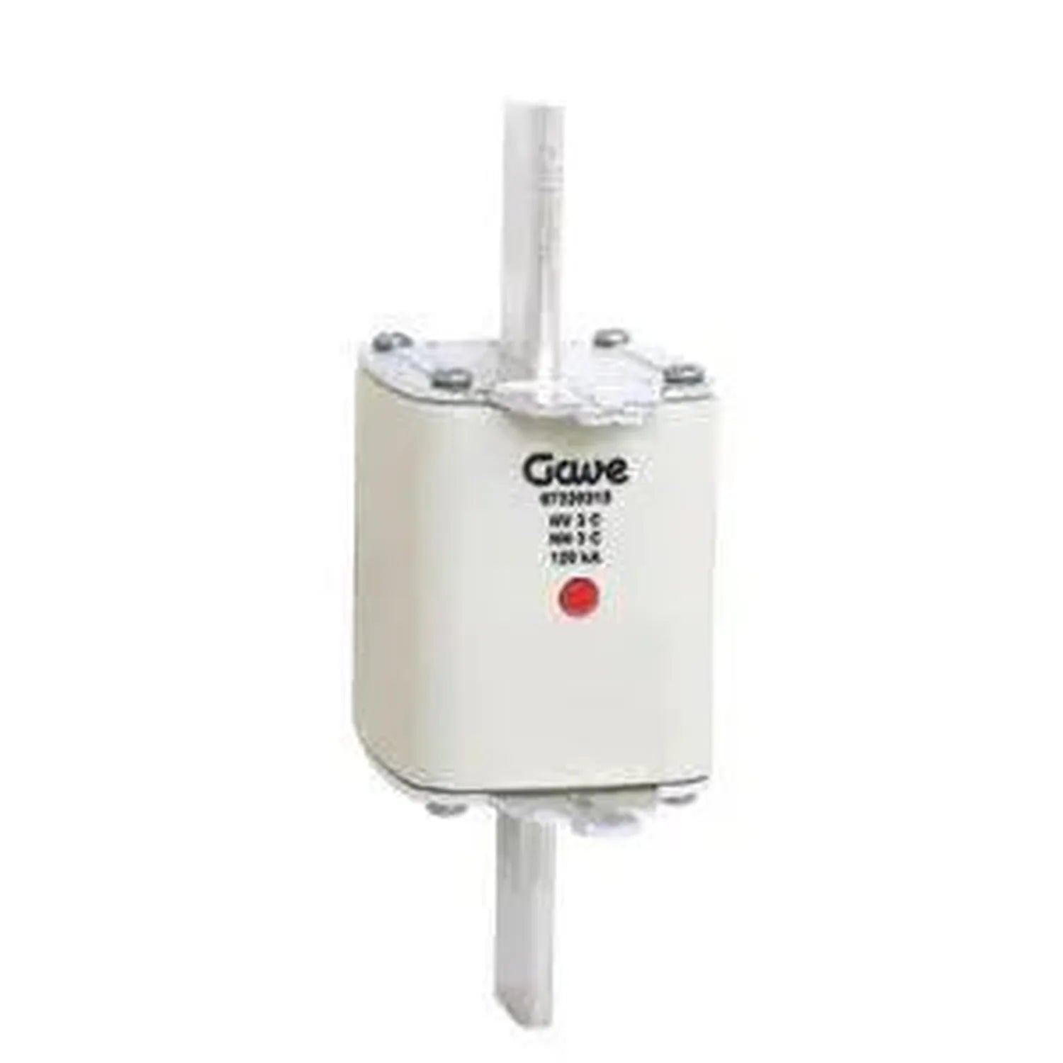 GAWC ceramic cylindrical fuse with metal end caps mounted on vertical conducting rod, red indicator button visible.