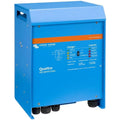 Victron Energy Quattro blue inverter charger unit with orange stripe, showing charger and inverter controls and indicator lig