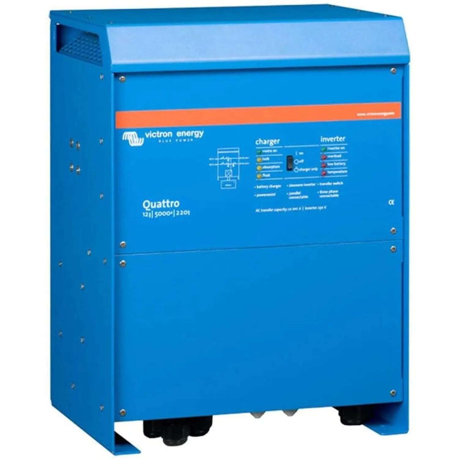 Victron Energy Quattro blue inverter charger unit with orange stripe, front control panel visible, mounted on feet.