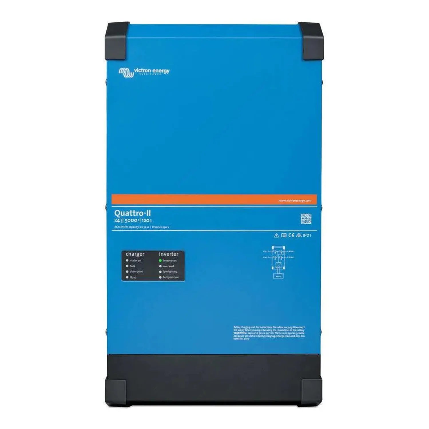 Victron Energy Quattro-II blue inverter charger unit with black corner handles and status indicators displayed against white 