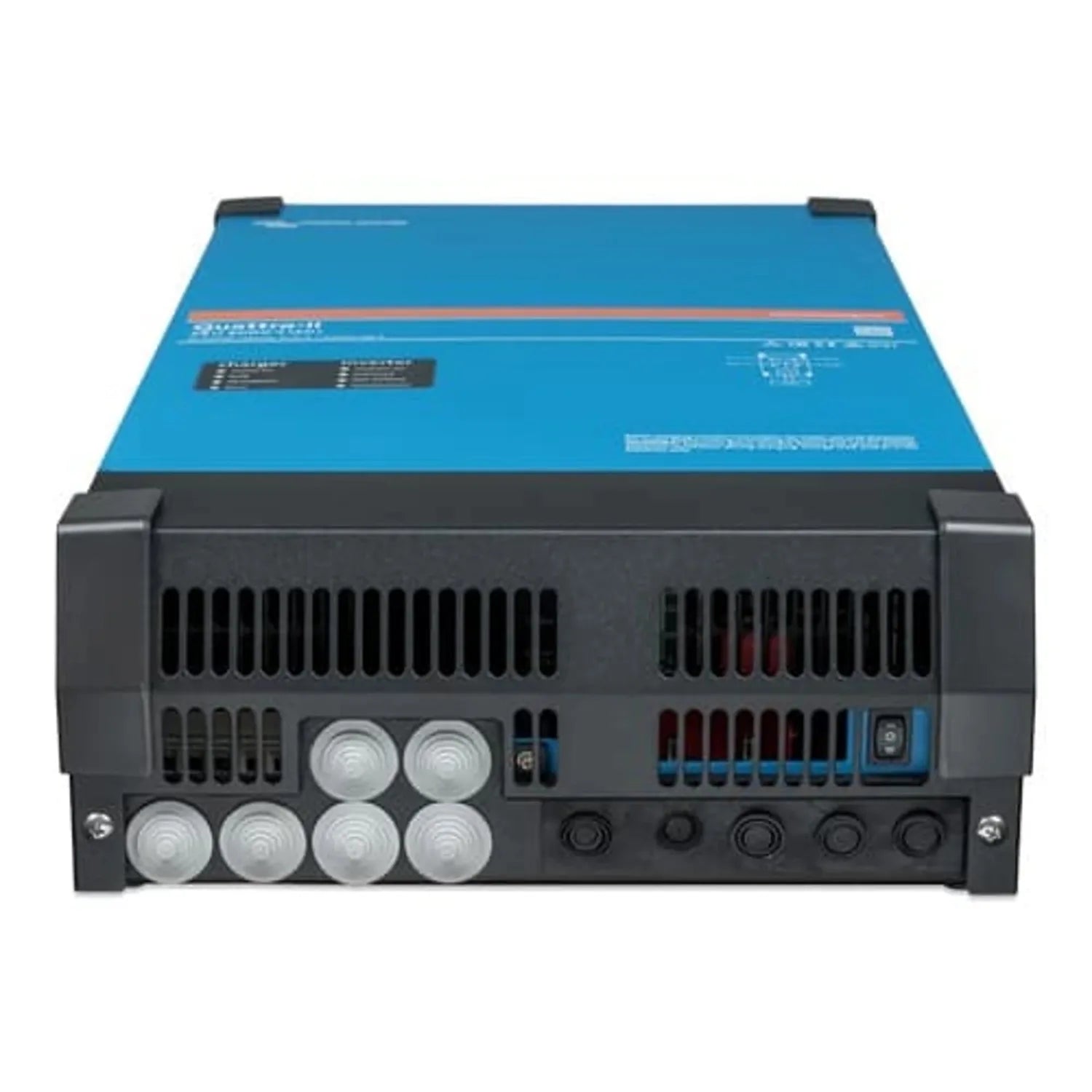 Rear view of Victron Quattro-II inverter charger showing blue top panel, black front with ventilation grilles, six circular t