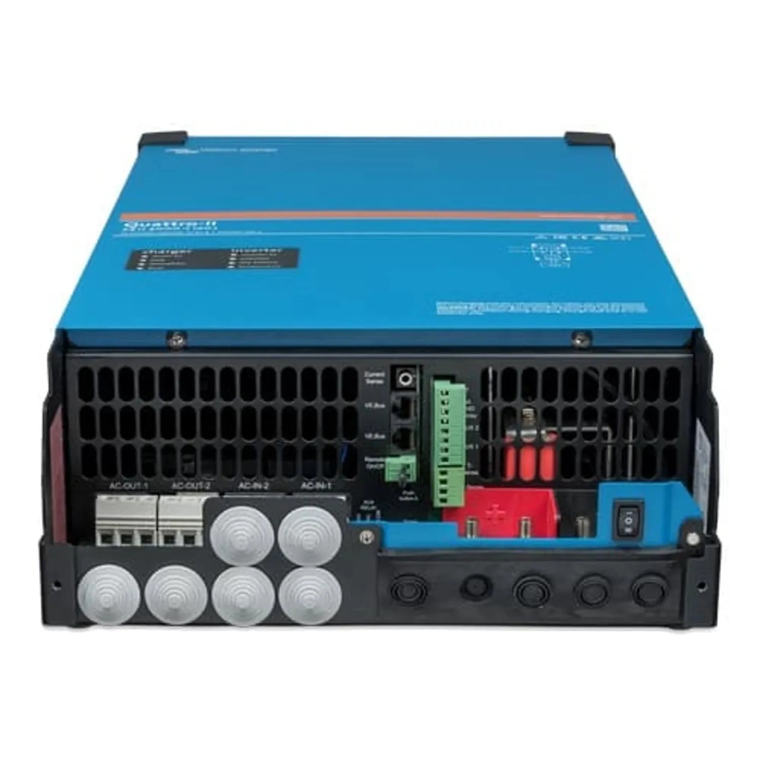 Victron Quattro-II inverter charger, rear view showing blue top panel, black front panel with cooling vents, terminal blocks,