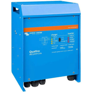 Victron Energy Quattro 24/3000/70 inverter charger, blue metal enclosure with control panel showing charger and inverter stat