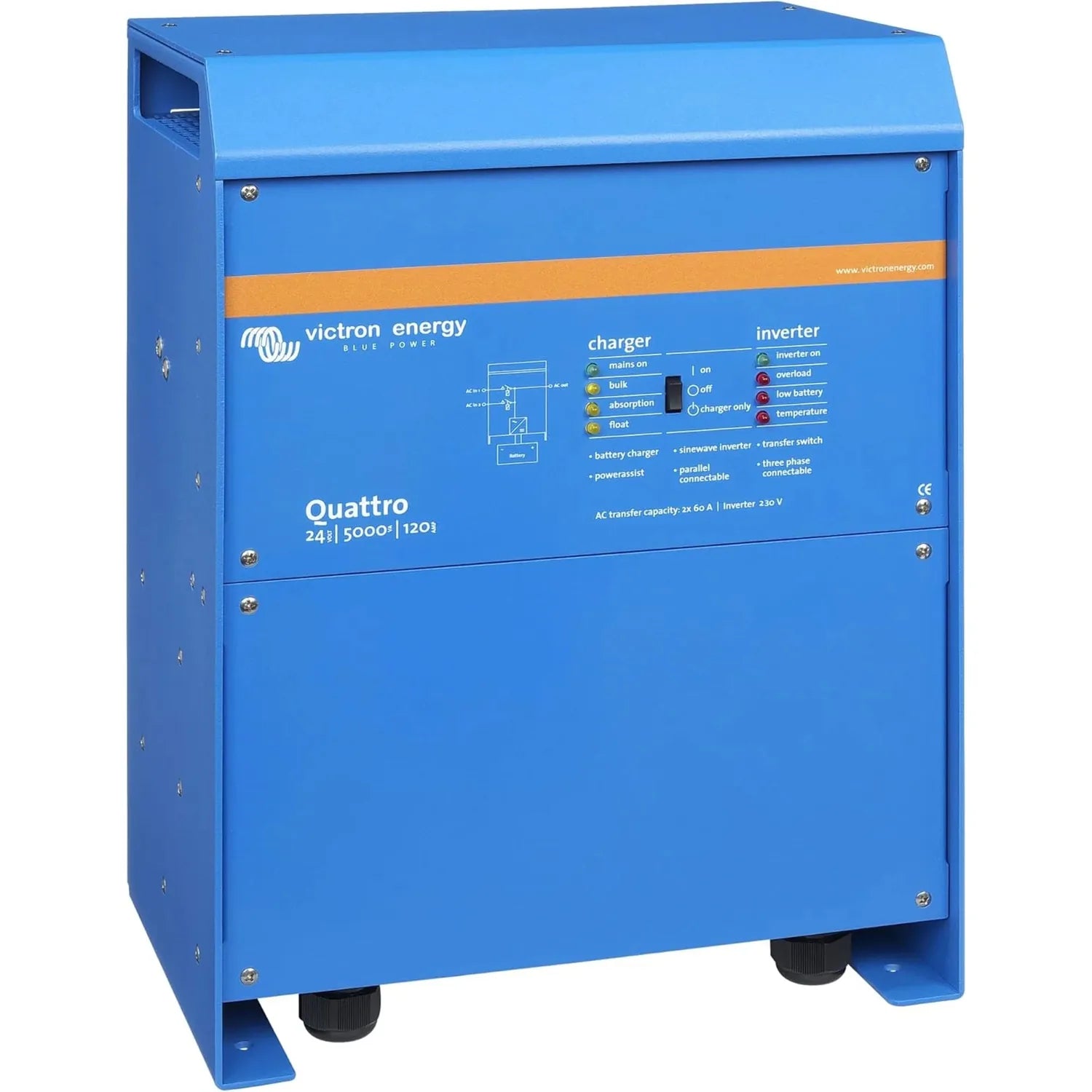 Victron Energy Quattro blue inverter-charger unit standing upright, showing control panel with indicator lights and specifica