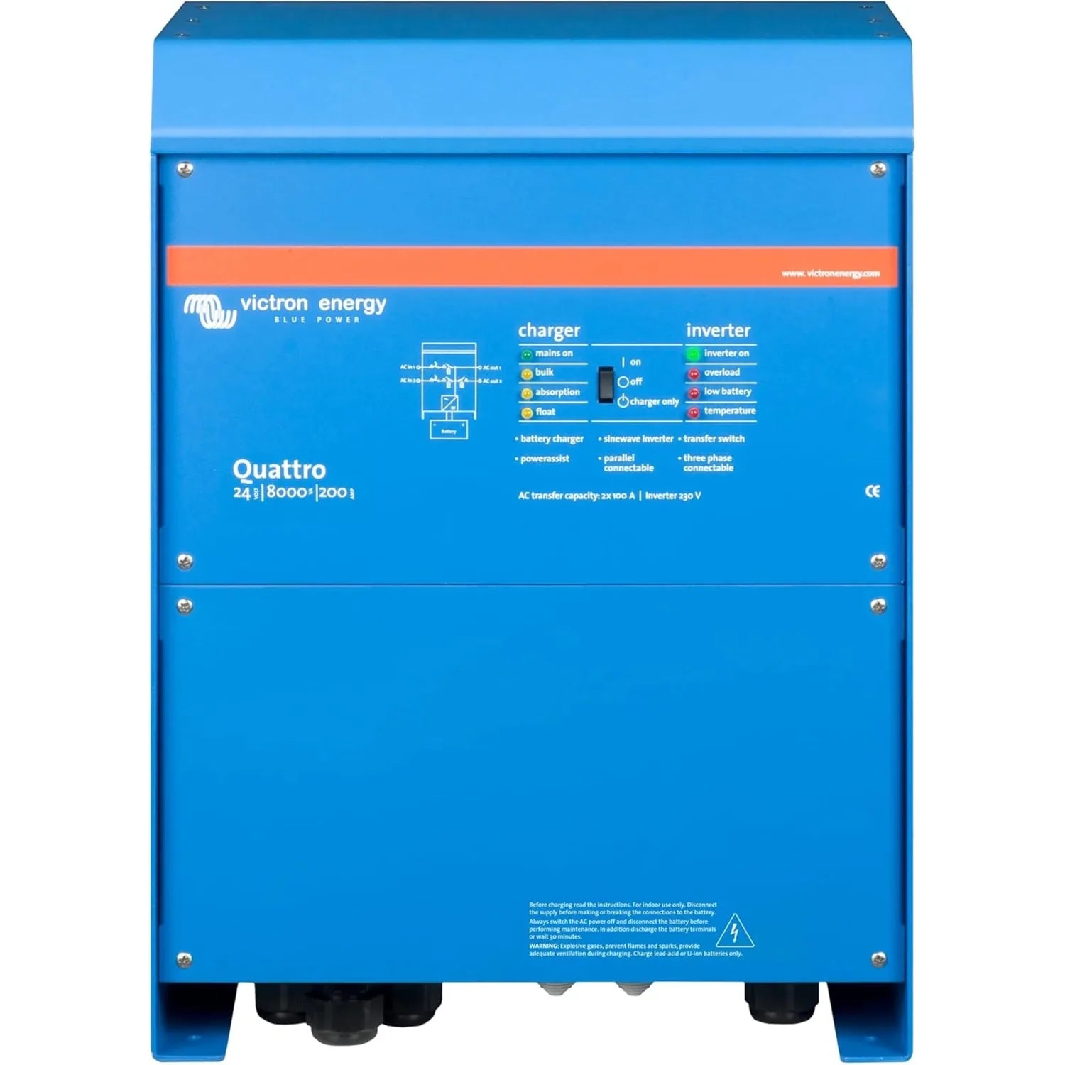 Victron Quattro 24/8000/200 inverter charger, blue metal enclosure with status indicator lights and control panel.