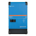 Victron Quattro-II 48/5000/70 blue inverter charger with black corners, front view showing status indicators and wiring diagr