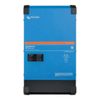 Victron Quattro-II 48/5000/70 blue inverter charger with black corners, front view showing status indicators and wiring diagr