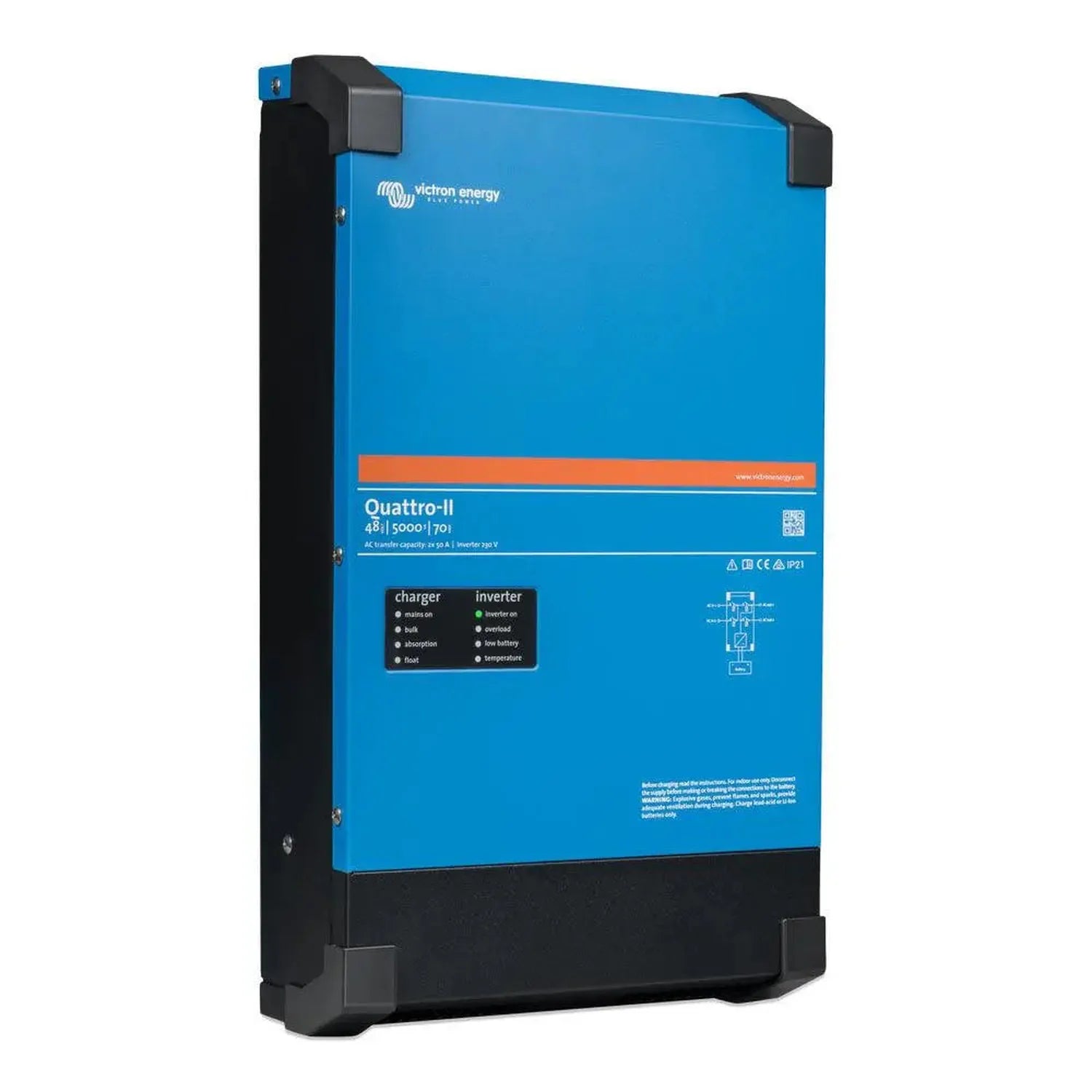 Victron Quattro-II 48/5000/70 inverter charger, bright blue front panel with black side handles and base, product specificati