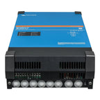 Victron Quattro-II inverter charger with blue top panel and black base, front view showing terminal connections and status in