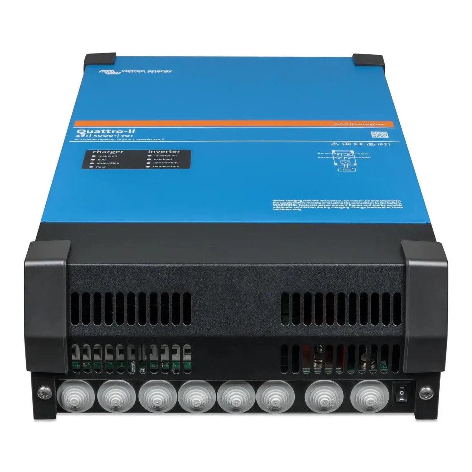 Victron Quattro-II inverter charger with blue top panel and black base, front view showing terminal connections and status in