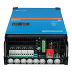 Victron Quattro-II inverter charger, interior view showing circuit breakers, terminals, and components on blue casing with bl