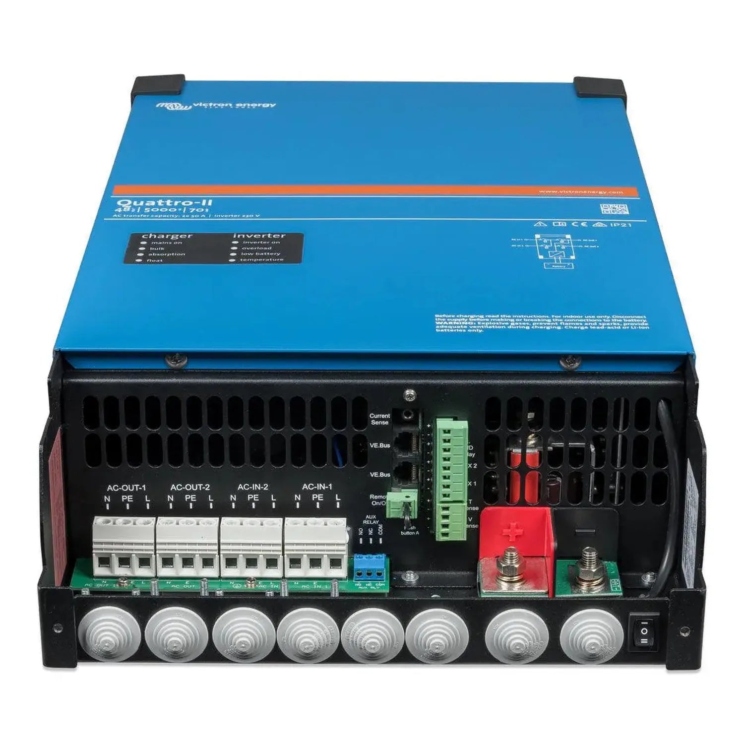 Victron Quattro-II inverter charger, interior view showing circuit breakers, terminals, and components on blue casing with bl