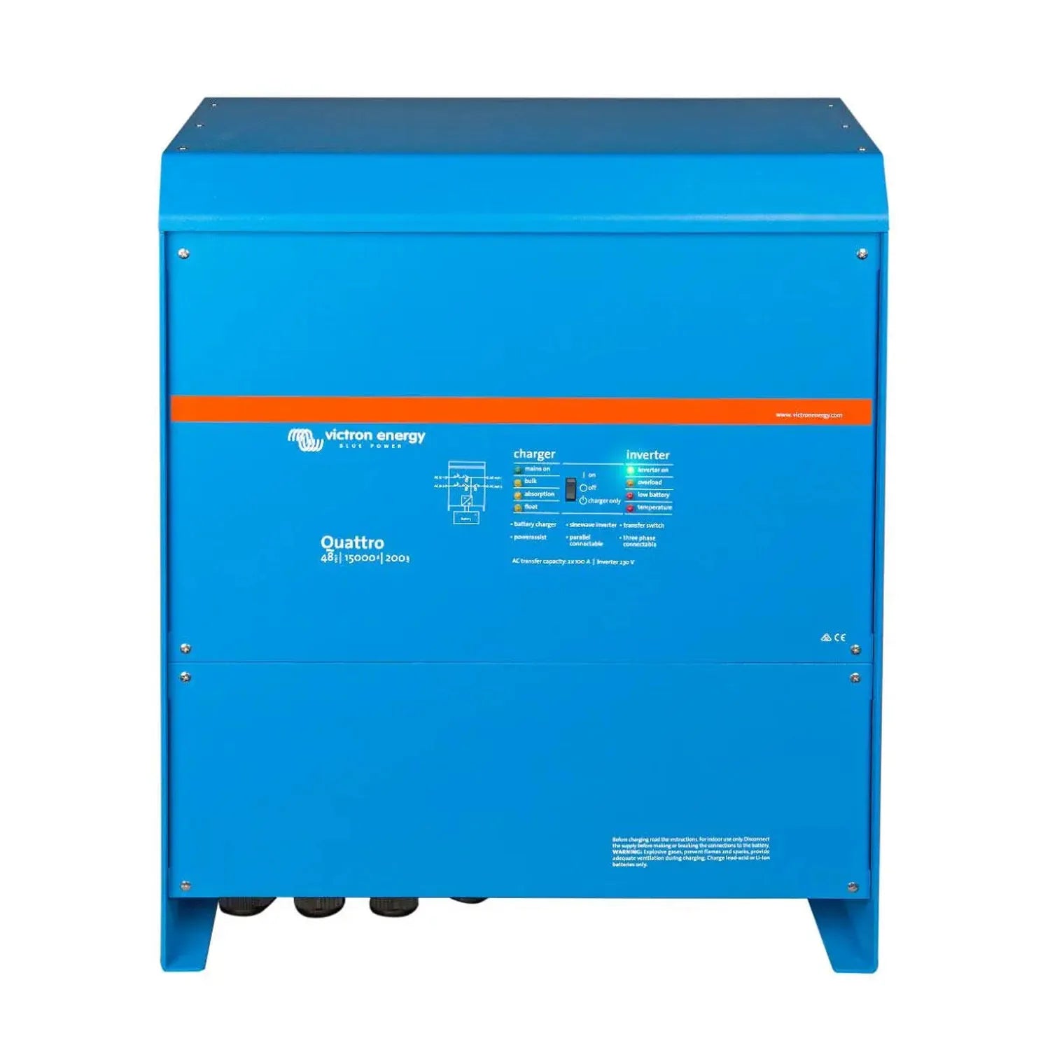 Victron Quattro 48/15000/200-100/100 inverter charger, blue metal enclosure with orange stripe and control panel.
