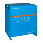 Victron Quattro 48V inverter charger, blue metal enclosure with orange stripe and control panel, shown as standalone product.
