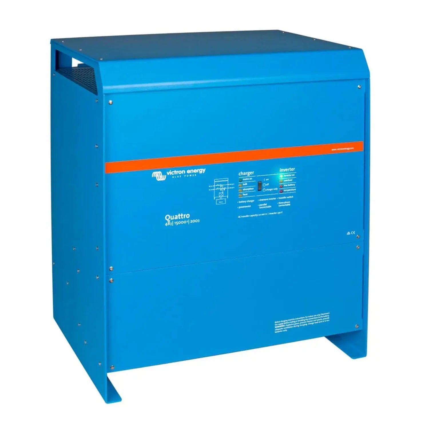 Victron Quattro 48V inverter charger, blue metal enclosure with orange stripe and control panel, shown as standalone product.