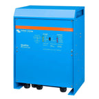 Victron Quattro blue inverter charger unit with control panel displaying charger and inverter status indicators.