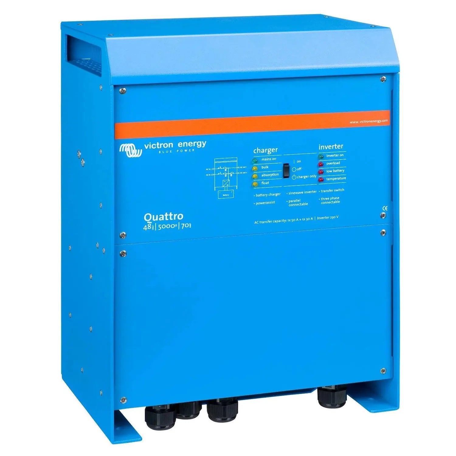 Victron Energy Quattro 48/5000/70 inverter charger, blue metal enclosure with control panel showing charger and inverter indi