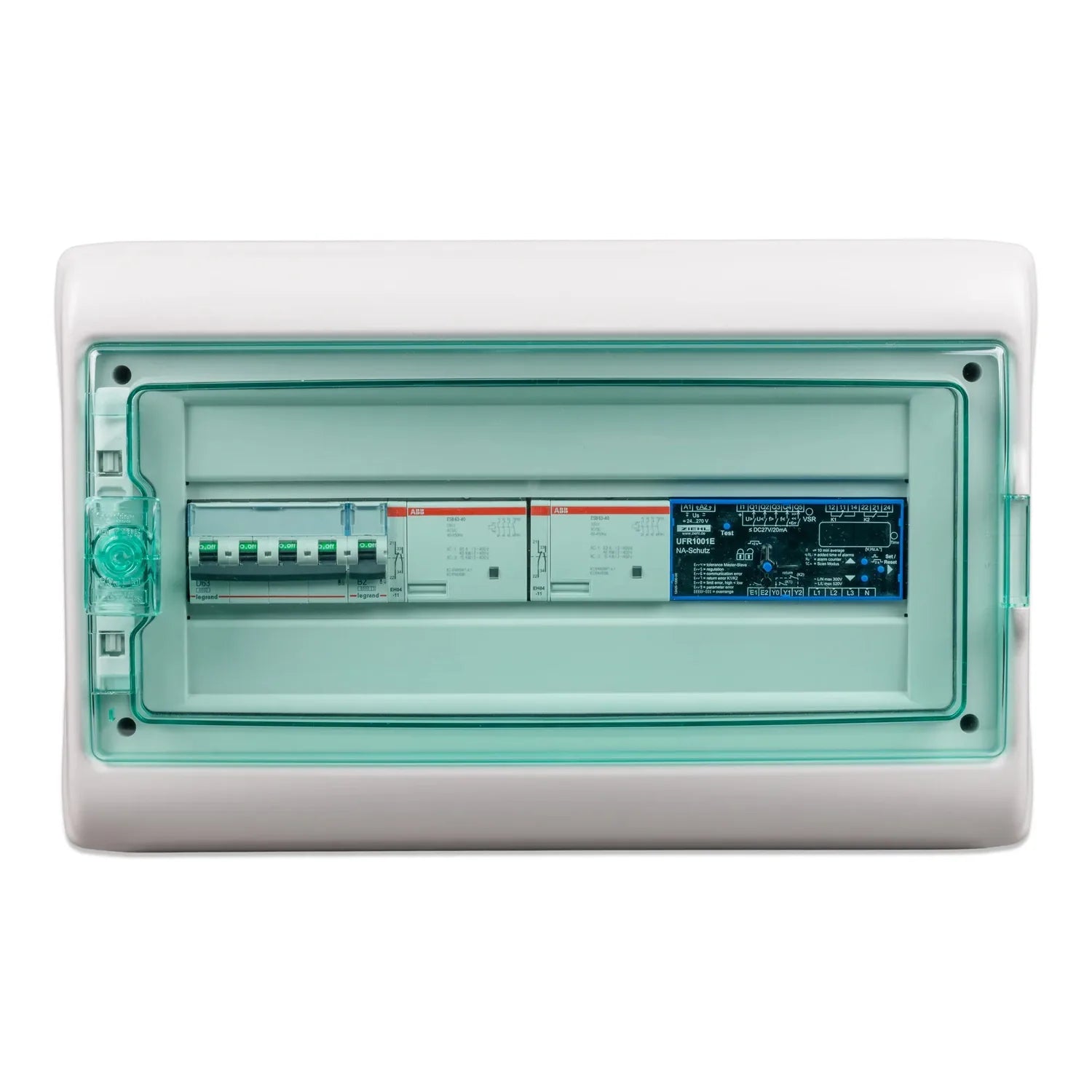Open electrical distribution box with green transparent cover showing circuit breakers, ABB modules, and blue relay device mo