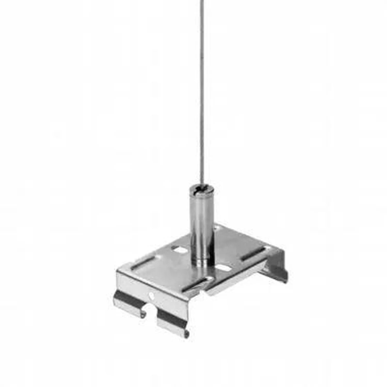 Polished metal suspension kit with cylindrical rod connector and rectangular mounting plate with black rubber feet.