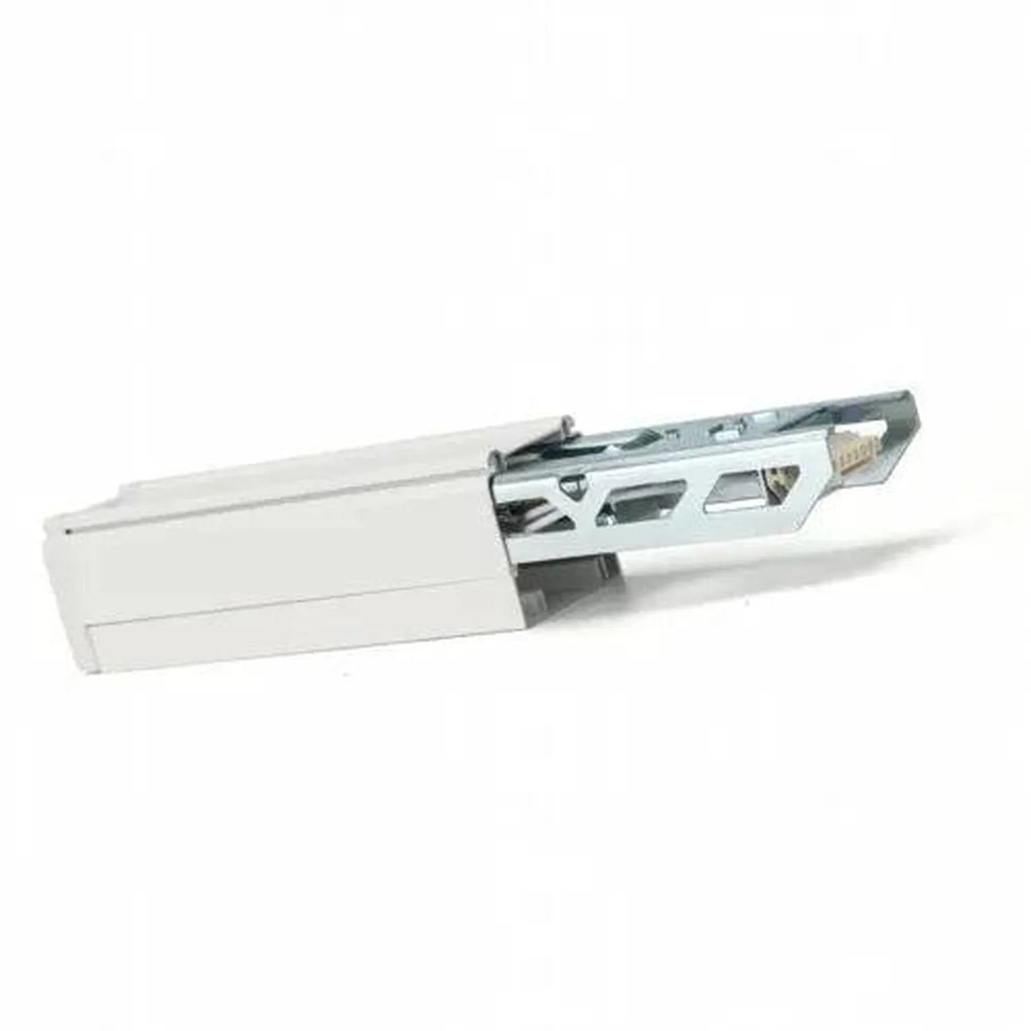 White feed-in box component for LED linear trunking light system with metal internal mechanism and connector visible.