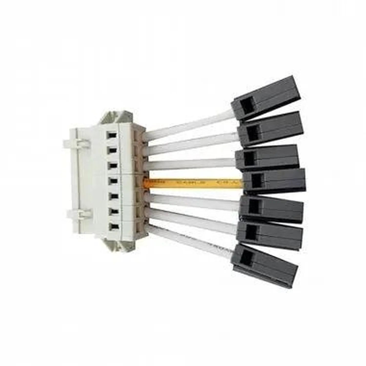 Attica LED linear trunking feed-in connector with beige housing, multiple white rails, black end caps, and yellow measurement