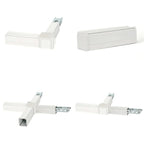 White modular LED trunking system components showing corner connector, straight sections, and cross-piece variations from mul