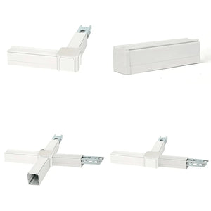 White modular LED trunking system components showing corner connector, straight sections, and cross-piece variations from mul