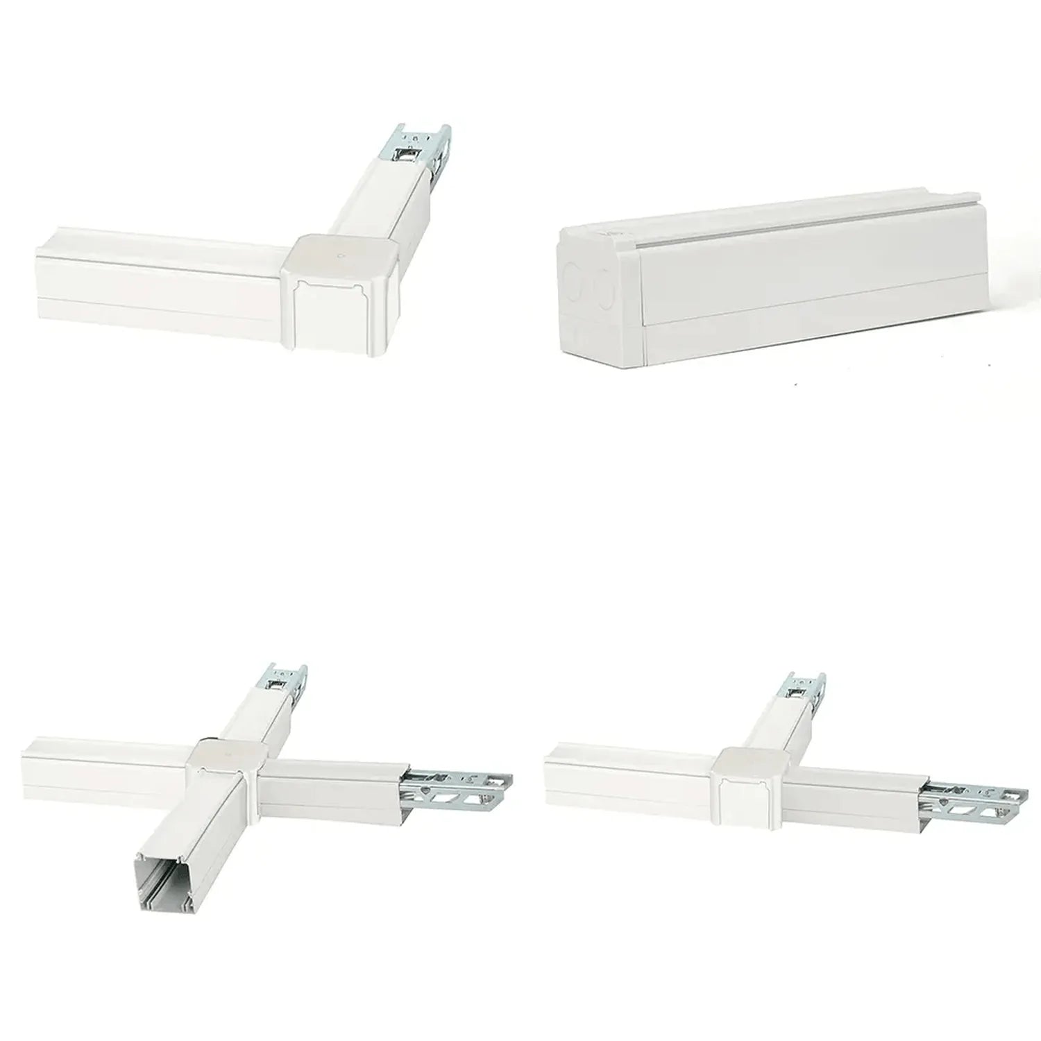 White modular LED trunking system components showing corner connector, straight sections, and cross-piece variations from mul
