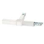 White linear trunking system component with connector junction and metal track sections displayed horizontally.